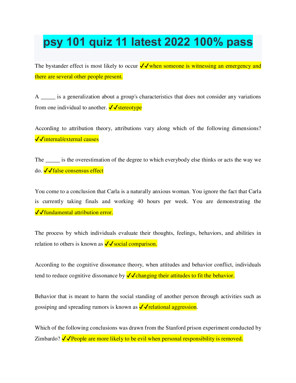 Preview image for psy 101 quiz 11 latest 2022 100% pass